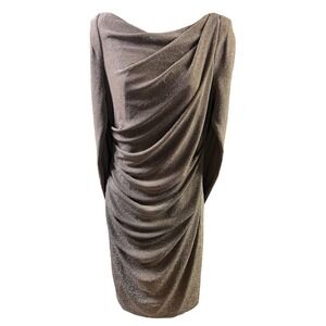 Betsy Adam Dress 10 Taupe Metallic Draped V-Back‎ Ruched Sheath Shimmery Chic